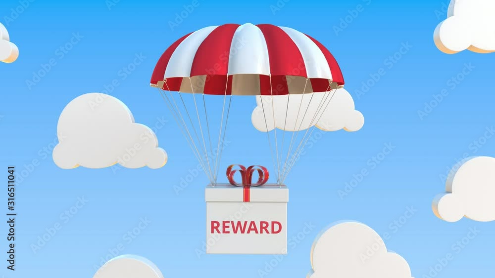 Aufkleber box with reward text falls with a parachute. loopable conceptual 3d animation