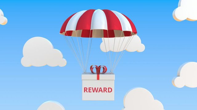 Box with REWARD text falls with a parachute. Loopable conceptual 3D animation