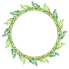 Watercolor illustration of wreath with green leaves in a gold round frame.