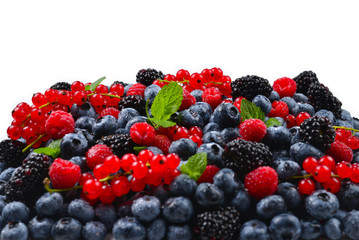 Blackberry, raspberry, blueberry,  red currant and mint background.
