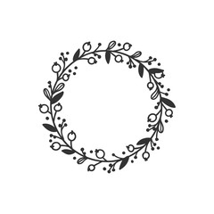 Hand drawn wreath for design use. Black Vector doodle flowers on white background. Abstract pencil boho drawing branch circle. Artistic illustration elements plant and bloom