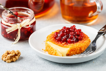 Baked or fried (grilled) Camembert or brie cheese with cranberry (lingonberry, cowberry) sauce or jam. Gourmet traditional Breakfast. French cuisine. Selective focus - 316513812