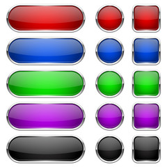 Web buttons. Colored shiny icons with chrome frame