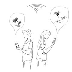 Customers book a tour. Palms, coast. Line art. Vector illustration.