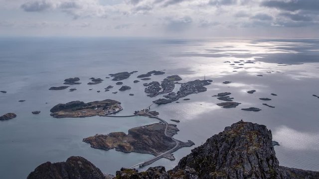 Timelapse over Henningsvaer from top of festvagtinden hiking path at the Lofoten Island in Norway.