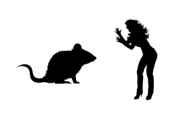 Vector silhouette of woman who cry at rat on white background. Symbol of fear of pest.