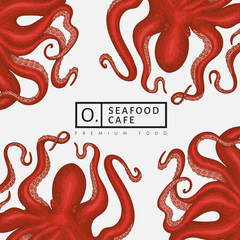 Octopus design template. Hand drawn vector seafood illustration. Engraved style squid banner. Retro zoology background