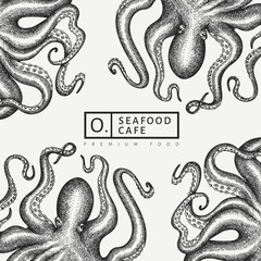 Octopus design template. Hand drawn vector seafood illustration. Engraved style squid banner. Retro zoology background