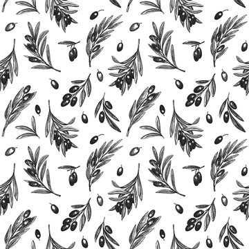Olive branch seamless pattern. Hand drawn vector food illustration. Engraved style mediterranean plant background. Retro botanical illustration.