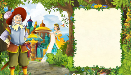 cartoon scene with princess in the forest near the castle romantic illustration for children © honeyflavour