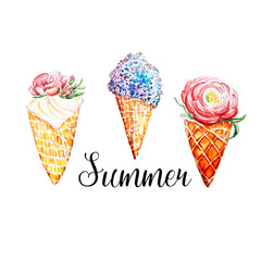 Watercolor waffle cone flower drawing art background