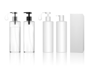 Cosmetic plastic bottle with dispenser pump and box. Skin care bottles for gel, liquid, lotion, cream, shampoo, bath foam. Beauty product package, vector illustration.