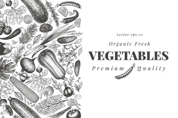 Vegetables hand drawn vector illustration. Retro engraved style banner. Can be use for menu, label, packaging, farm market products.