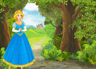 Obraz na płótnie Canvas cartoon scene with princess in the forest near the castle romantic illustration for children
