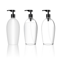 Cosmetic plastic bottle with dispenser pump. Skin care bottles for gel, liquid, lotion, cream, shampoo, bath foam. Beauty product package, vector illustration.