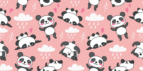 Seamless pattern with pandas. Decorative seamless vector template for children's clothing design, interior, Wallpaper, postcards, banners, home decoration.