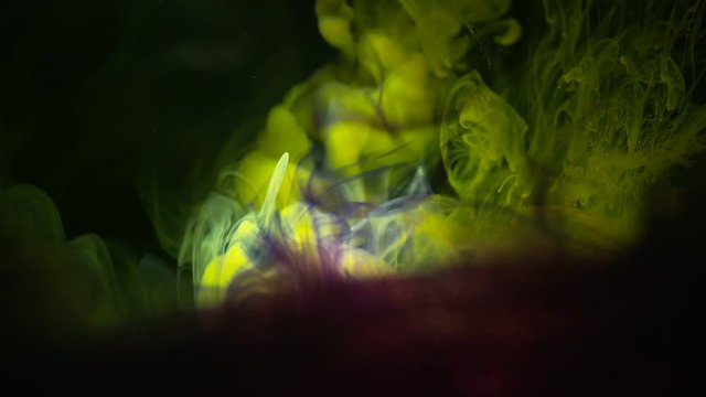 Real Shot Color Paint Drops In Water In Slow Motion. Ink Swirling. Color Ink Dropped In Water On Black Background. Cloud Of Silky Ink In Water Isolated.