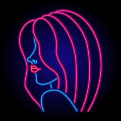 Neon sign girl face. Pop style, illumination glow effect. Retro template sign for night club, store, posters, banners.