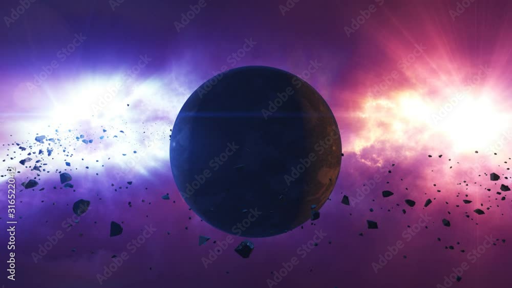 Poster asteroids or meteorites slowly move over abstract planet. science fiction fantasy animation backgrou