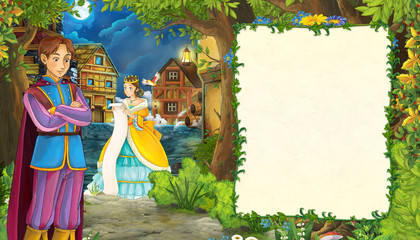 cartoon scene with girl princess near the street of the city romantic illustration for children