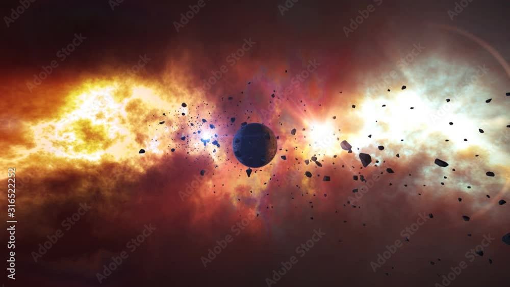 Poster asteroids or meteorites slowly move on the camera over abstract planet on a shinning nebula backgrou