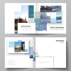 Vector layout of two covers templates for square bifold brochure, flyer, magazine, cover design, book design, brochure cover. Abstract design project in geometric style with blue squares.
