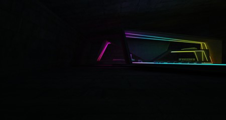 Abstract architectural concrete interior of a minimalist house with colored neon lighting. 3D illustration and rendering.