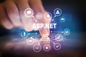 Finger touching tablet with web technology icons and ASP.NET inscription, web technology concept