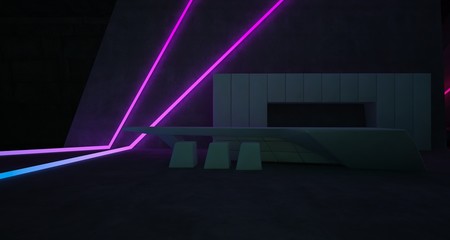 Abstract architectural concrete interior of a minimalist house with colored neon lighting. 3D illustration and rendering.