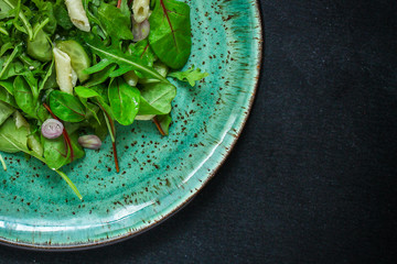 pasta salad penne (leaves Lettuce, Spinach, Vegetables, Gemelli) Menu Concept. food background. copy space. Top view