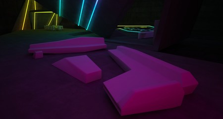 Abstract architectural concrete interior of a minimalist house with colored neon lighting. 3D illustration and rendering.