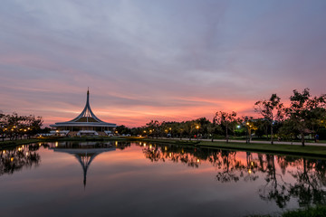Suanloung IX park in Bangkok,Thailand .  With sunset time.
