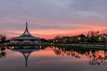 Suanloung IX park in Bangkok,Thailand .  With sunset time.