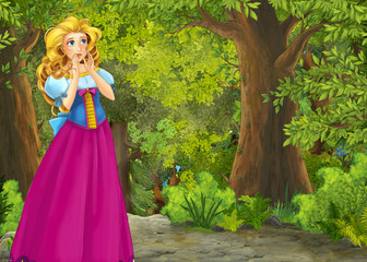 Obraz na płótnie Canvas cartoon scene with princess in the forest romantic illustration for children