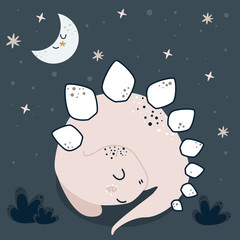 poster with sleeping dino and moon - vector illustration, eps
