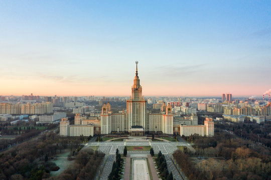 Aerial view of Lomonosov Moscow State University on Sparrow Hills, Moscow, Russia. Scenic panorama of Moscow with the Main building of MSU from above
