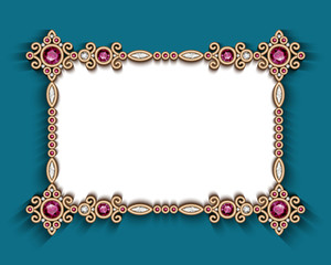 Vintage gold wedding card with ornamental jewelry border, decorated with diamonds and ruby gemstones, jewellery invitation template with place for text, antique rectangle frame in ethnic style