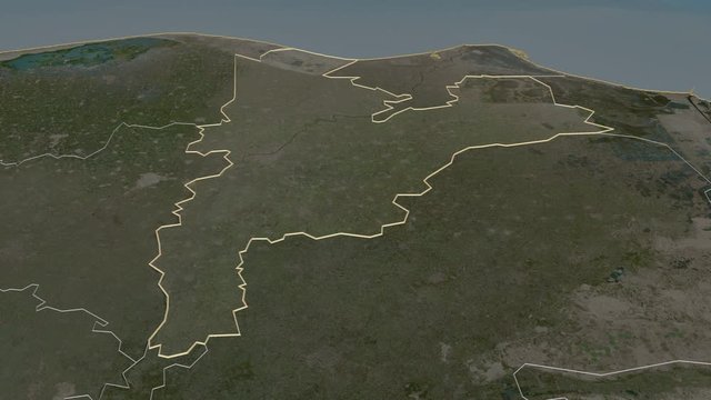 Ad Daqahliyah, governorate with its capital, zoomed and extruded on the satellite map of Egypt in the conformal Stereographic projection. Animation 3D