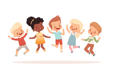 Happy children are jumping, laughing and having fun. Isolated on a white background.