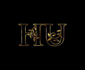 Golden H, U and HU Luxury Letter Logo Icon 