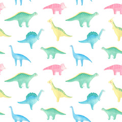 Cute watercolor dinosaur children seamless pattern on white background. Lovely summer pattern with colorful dino. Perfect for children textile, kids background,  school supplies, covers, fabric. 