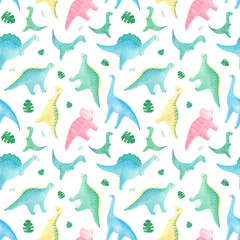 Cute watercolor dinosaur children seamless pattern on white background. Lovely summer pattern with colorful dino. Perfect for children textile, kids background,  school supplies, covers, fabric. 