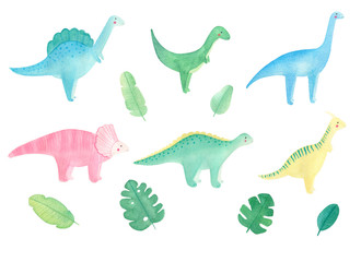 Watercolor hand drawn set with cute little dinosaurs isolated on white background. Clip art with colorful lovely dino. Children concept, design. For pattern, background, textile.  © Tanya Trink