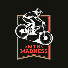 Vector mountain biking badge, logo, label with rider on a bike. Downhill, enduro, cross-country biking illustration