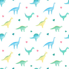Cute watercolor dinosaur children seamless pattern on white background. Lovely summer pattern with colorful dino. Perfect for children textile, kids background,  school supplies, covers, fabric. 