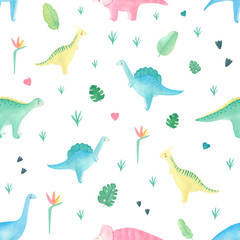 Cute watercolor dinosaur children seamless pattern on white background. Lovely summer pattern with colorful dino. Perfect for children textile, kids background,  school supplies, covers, fabric. 