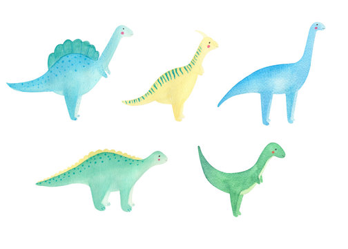 Watercolor hand drawn set with cute little dinosaurs isolated on white background. Clip art with colorful lovely dino. Children concept, design. For pattern, background, textile. 