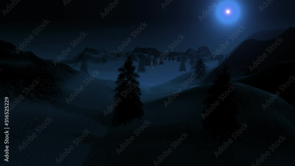 Aufkleber 3d rendering animation of a flight over a winter landscape with a spruce forest and hills in the sno