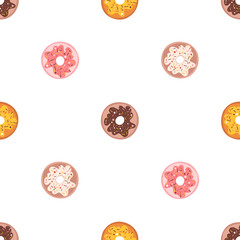 Donuts seamless pattern. Cute hand drawn vector illustration sweets on white background for birthday party, greeting cards, gift wrap.