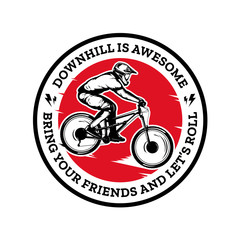 Vector downhill mountain biking badge, logo, label with rider on a bike. Downhill, enduro, cross-country biking illustration